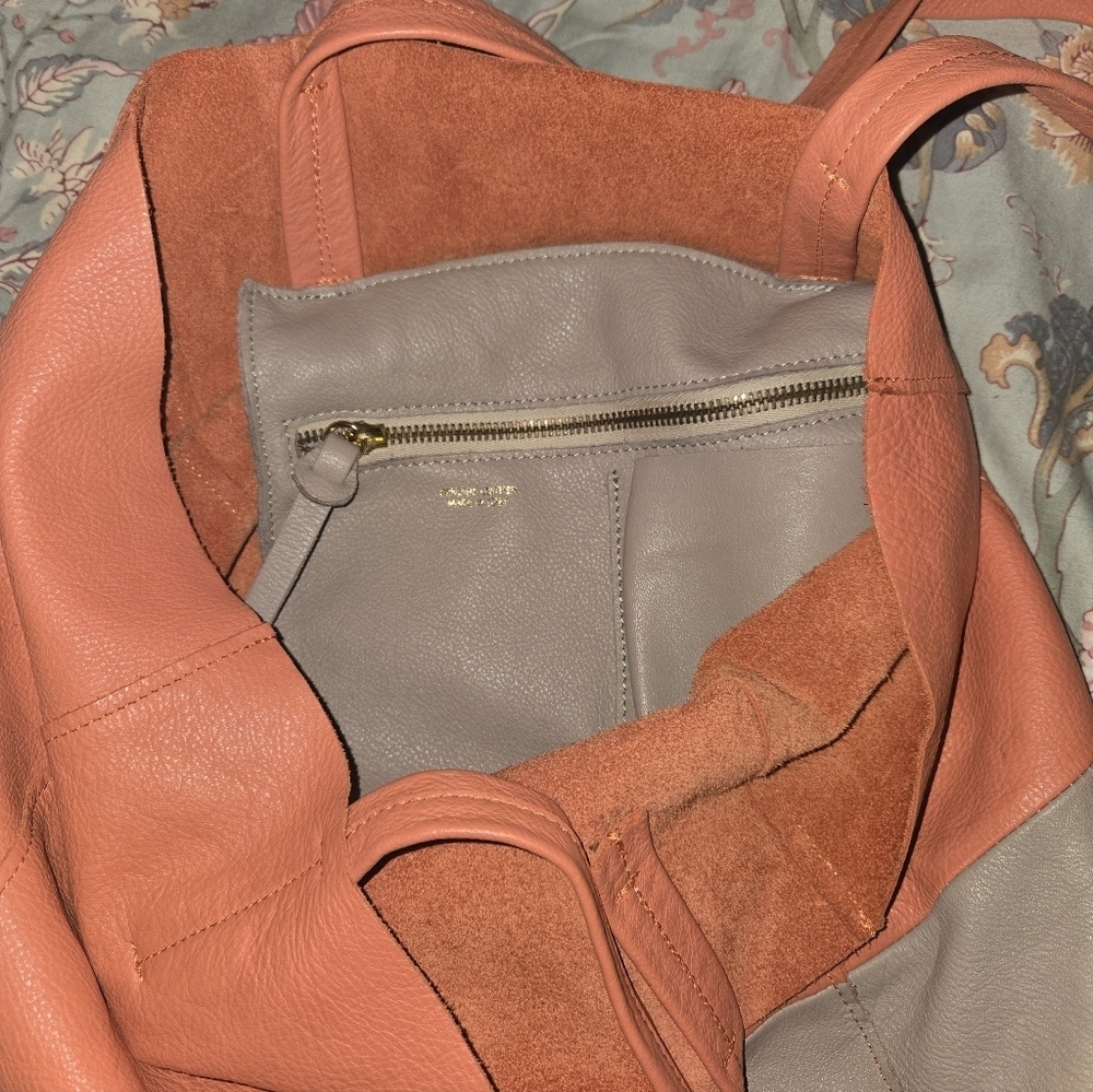 Le Parmentier Paris Made in Italy Leather Colorblock Tote – Coral & Taupe - Picture 12 of 13